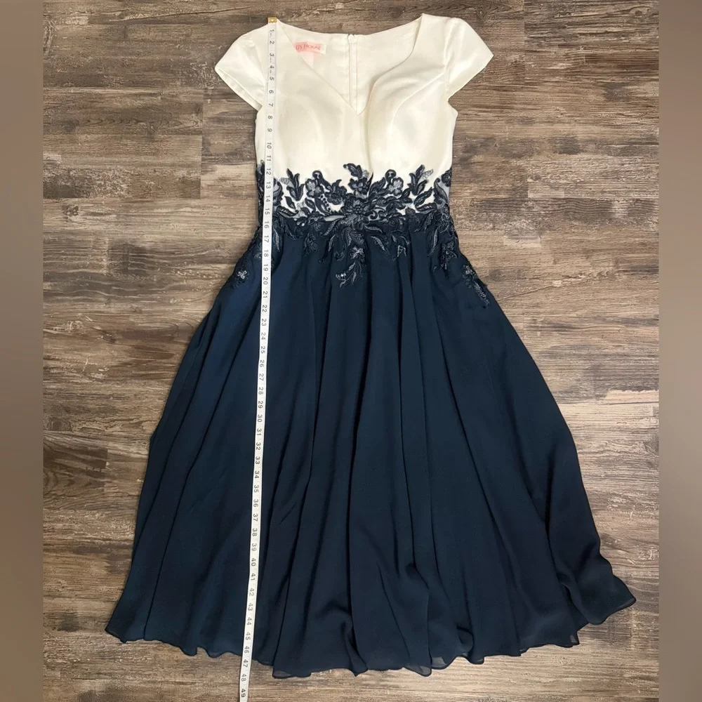 JJ’s House A-Line V-Neck Tea Length Satin Chiffon Mother Of The Bride Dress - Picture 5 of 9